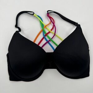 PINK Victoria's Secret Black Rainbow Strappy Back Front Close Bra 32D 32D|D70
